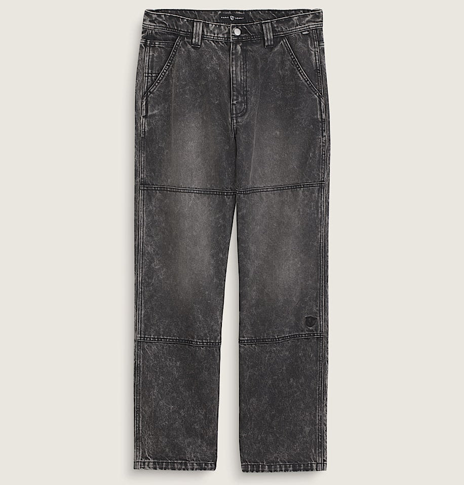 A pair of dark gray acid-wash cropped jeans with a distressed, faded texture, displayed flat against a light beige background.