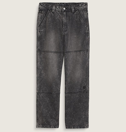 A pair of dark gray acid-wash cropped jeans with a distressed, faded texture, displayed flat against a light beige background.
