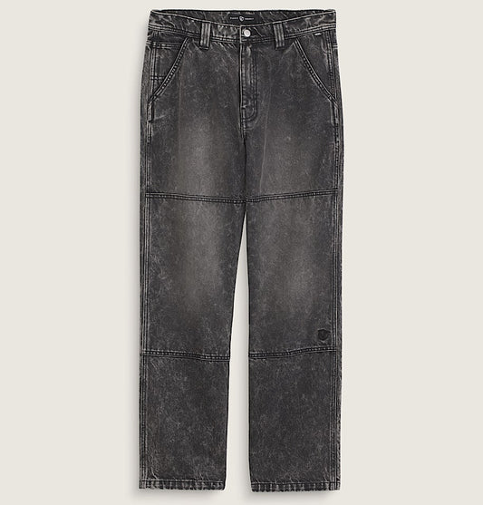 A pair of dark gray acid-wash cropped jeans with a distressed, faded texture, displayed flat against a light beige background.
