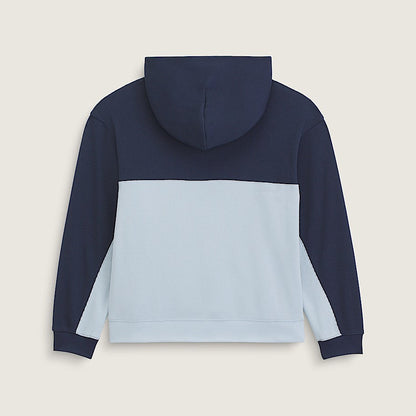 A colorblock hoodie shown from the back, featuring a dark navy blue upper section and hood, a wide light blue middle band, and light blue side panels, set against a solid light beige background.