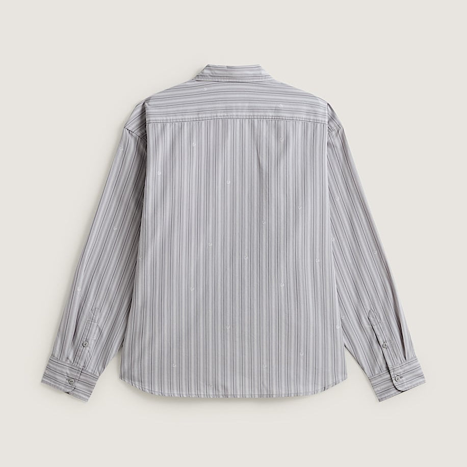 A long-sleeve button-up shirt with vertical gray and white stripes, shown from the back on a light beige background.
