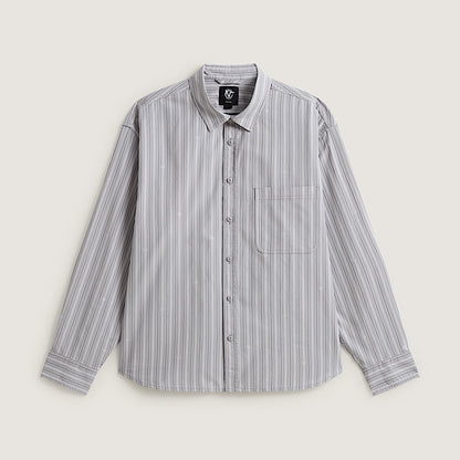A long-sleeve button-up shirt with vertical gray and white stripes, featuring a classic collar, button front, and a chest pocket, displayed on a light beige background.