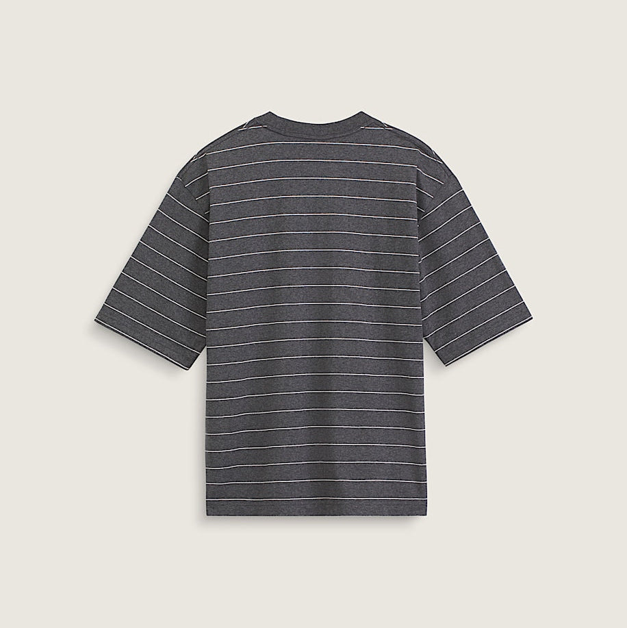 A dark gray short-sleeve t-shirt with thin white horizontal stripes, shown from the back on a light beige background.