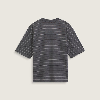 A dark gray short-sleeve t-shirt with thin white horizontal stripes, shown from the back on a light beige background.