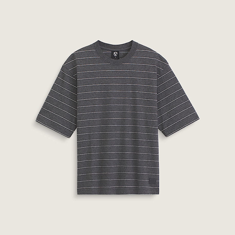 A dark gray short-sleeve t-shirt with thin white horizontal stripes, displayed flat against a light beige background.