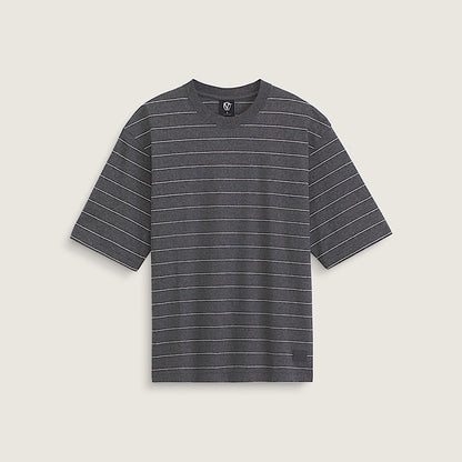 A dark gray short-sleeve t-shirt with thin white horizontal stripes, displayed flat against a light beige background.
