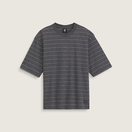 A dark gray short-sleeve t-shirt with thin white horizontal stripes, displayed flat against a light beige background.
