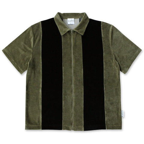 Cafe | Velour Stripe Full Zip Shirt - Olive/Black