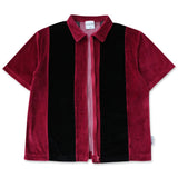 Cafe | Velour Stripe Full Zip Shirt - Burgundy/Black
