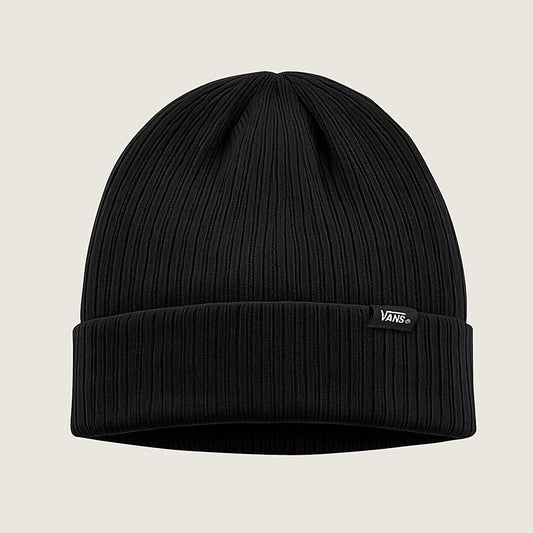Black beanie with a brand logo on a beige background