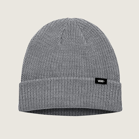 Gray beanie with a brand logo on a beige background