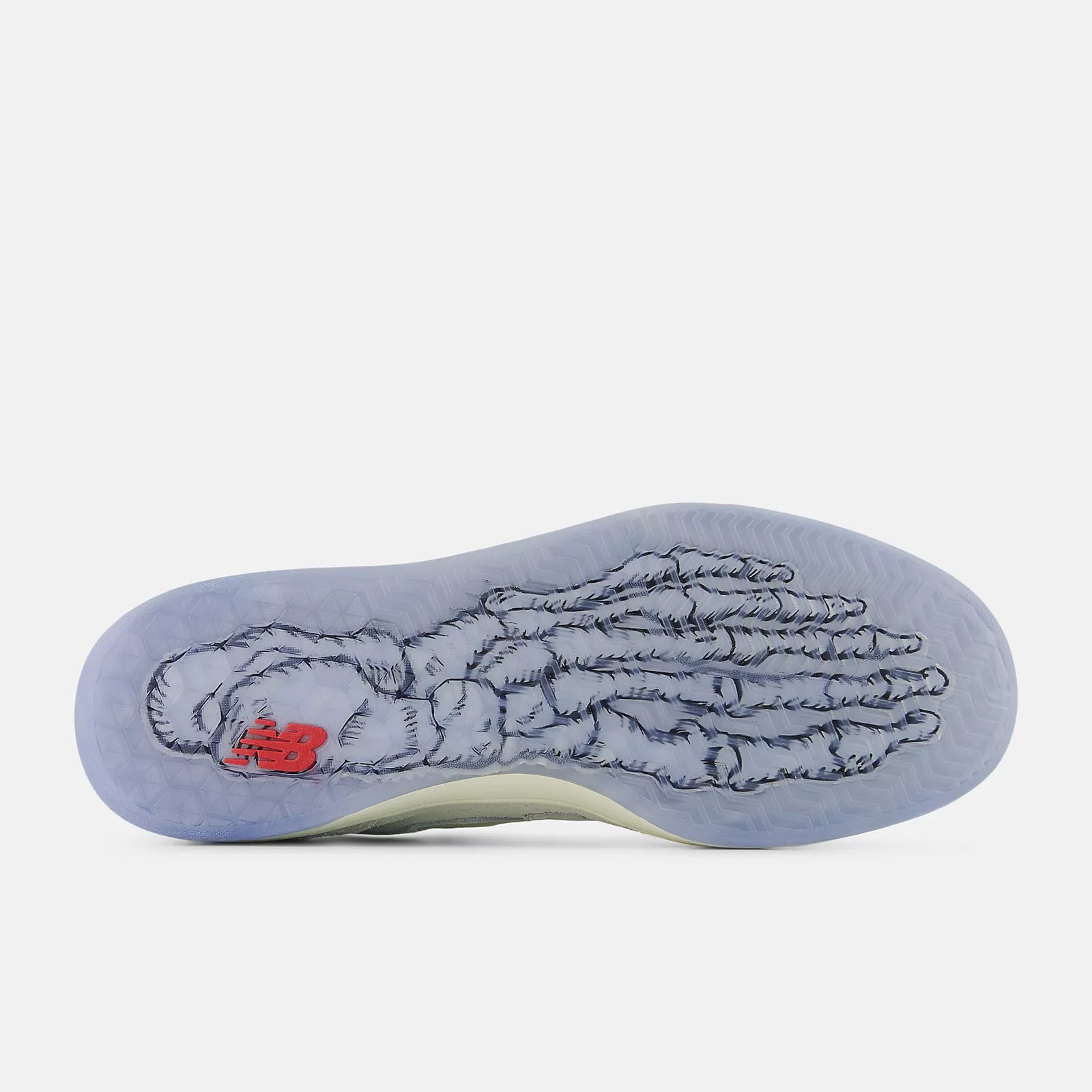 Sole of a shoe with foot-shaped design and red logo on a white background