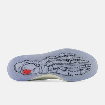 Sole of a shoe with foot-shaped design and red logo on a white background