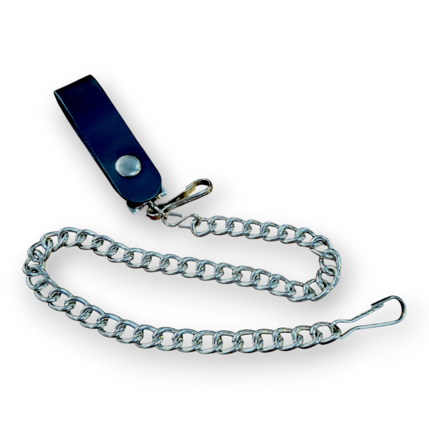Chain leash with black leather handle on a white background