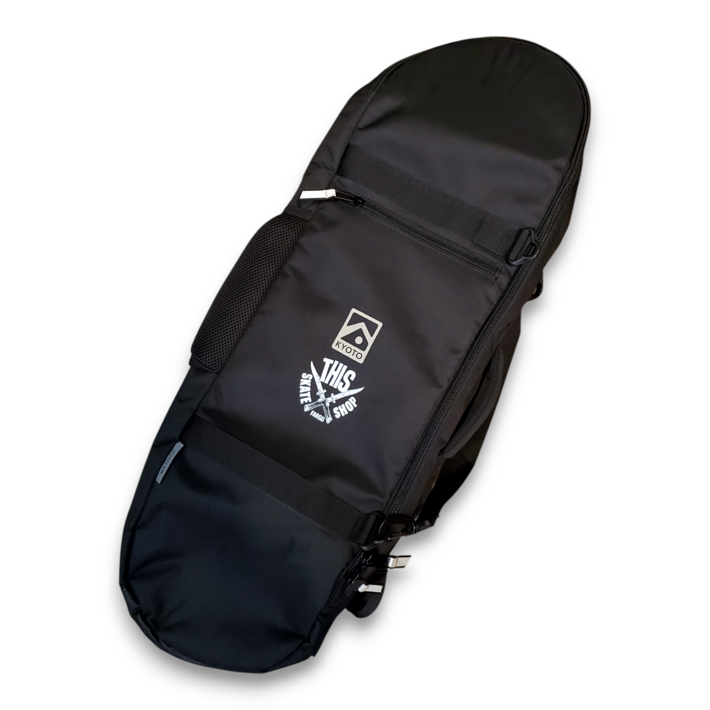 Black backpack with a logo on a white background