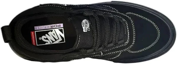 Black Vans sneakers with white stitching on a white background