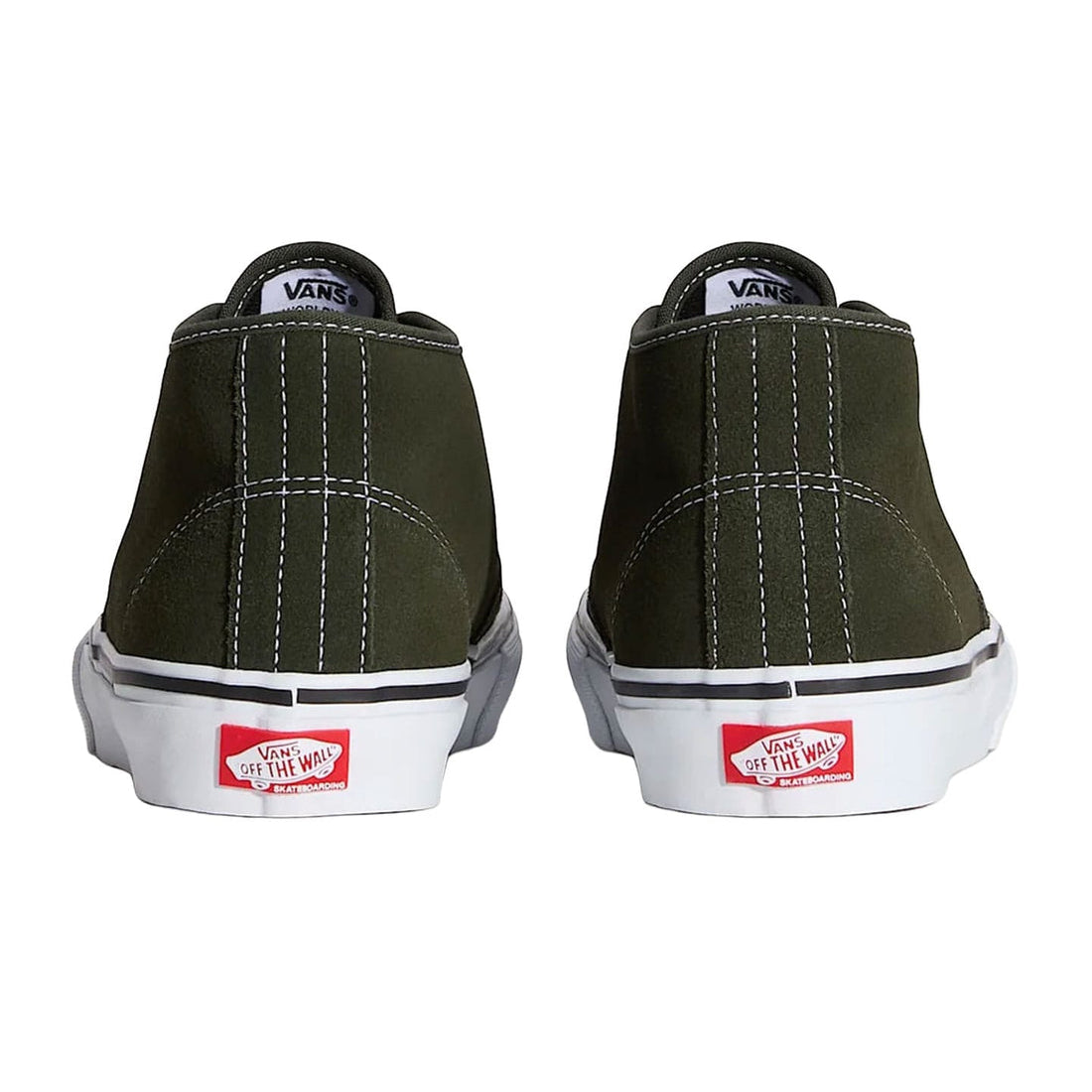 A pair of Vans slip-on high-top sneakers shown from the back, featuring an olive green canvas upper, white stitching, a white rubber sole, and the signature red Vans logo on the heel.