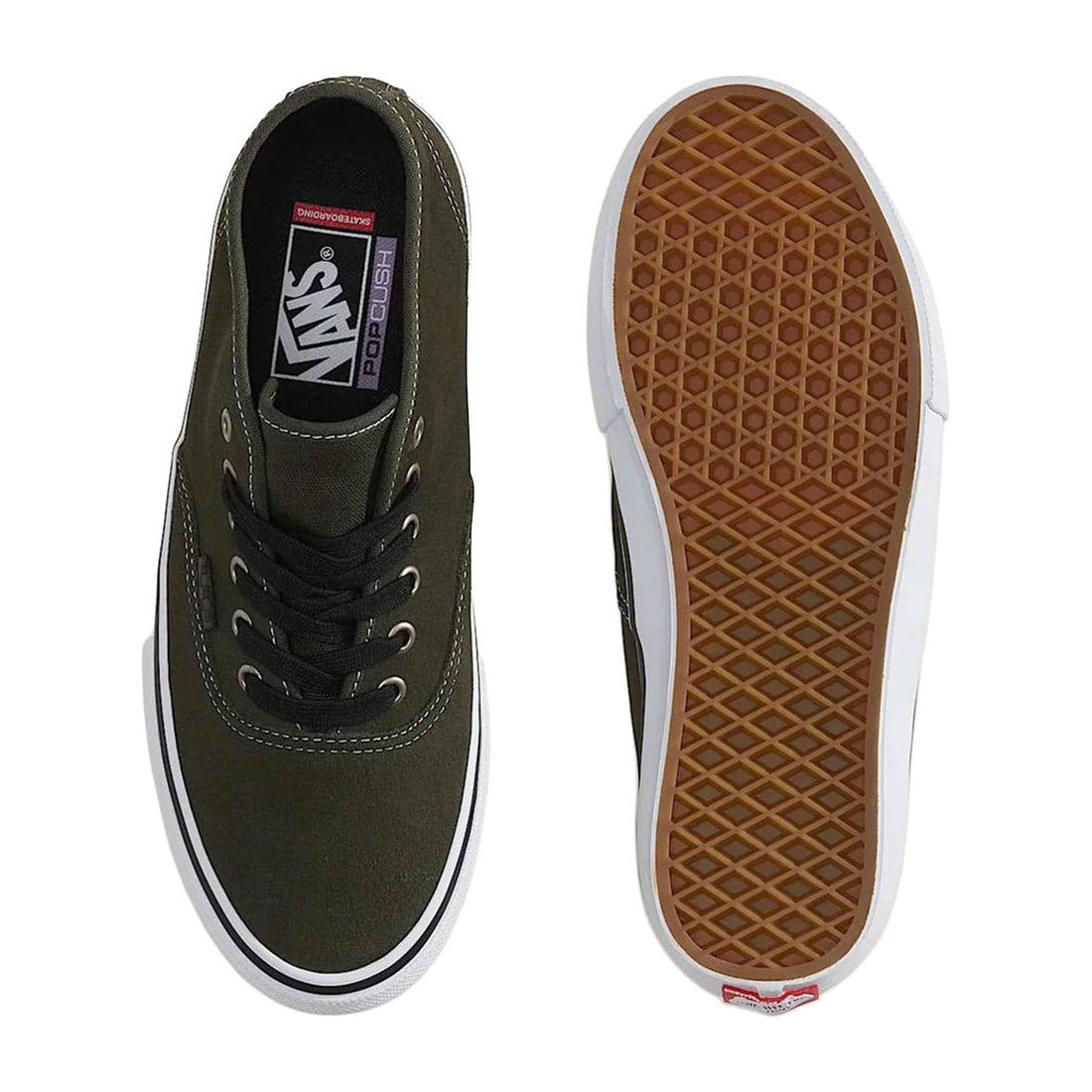 A pair of Vans platform sneakers in olive green canvas, shown from the top and side. The left shoe displays the black laces, black interior with the Vans logo, and a thick white platform midsole.