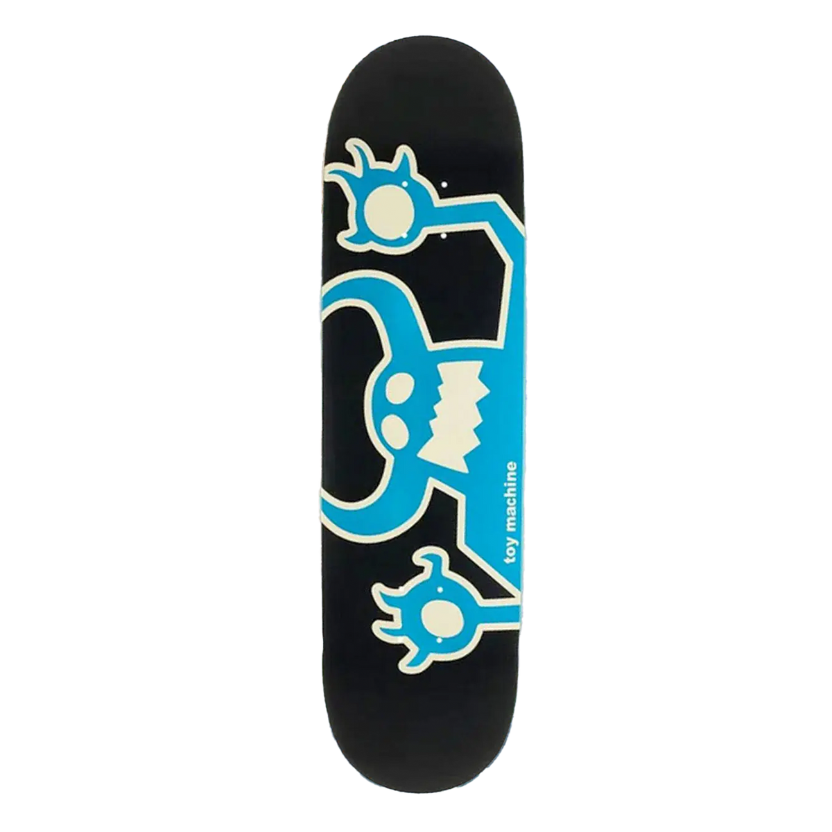 A skateboard deck with a black background and a stylized blue and cream monster graphic, featuring the text 'toy machine' vertically on the right side.
