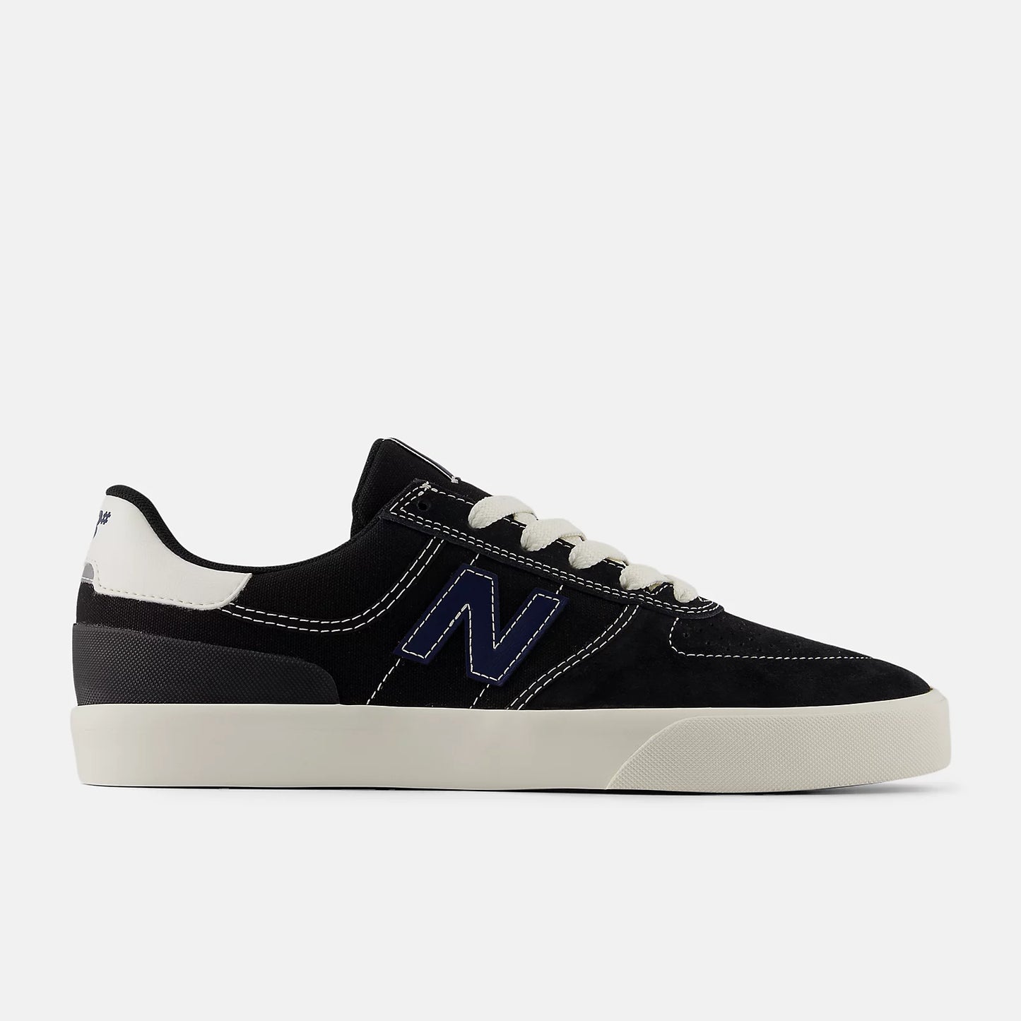 Black sneaker with white sole and blue 'N' logo on a white background