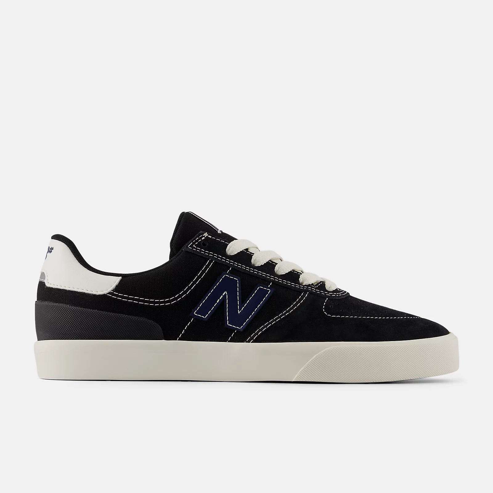 Black sneaker with white sole and blue 'N' logo on a white background