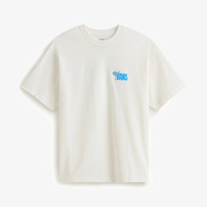 White t-shirt with a small blue logo on a white background