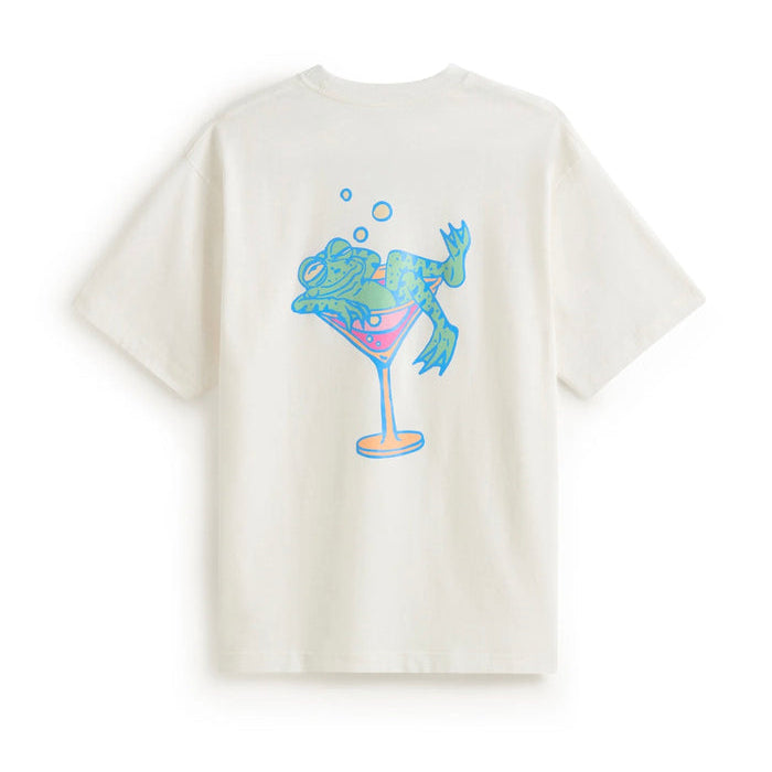 White t-shirt with a colorful graphic of a cocktail glass and frog on a white background