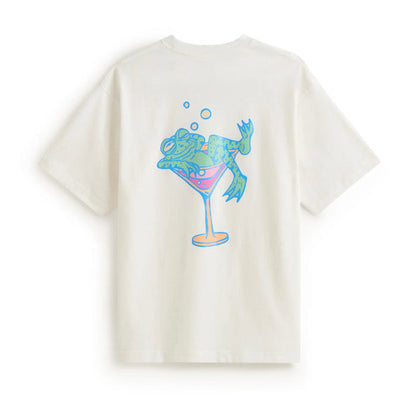 White t-shirt with a colorful graphic of a cocktail glass and frog on a white background