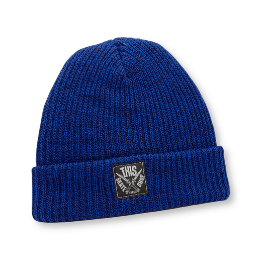 THIS Skateshop | Knit Beanie - Blue/Black Marl Black Patch