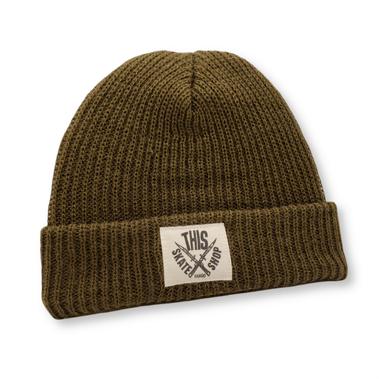 THIS Skateshop | Knit Beanie - Army/White Patch