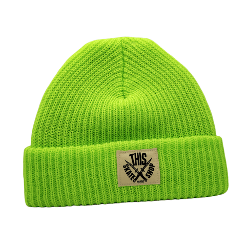 THIS Skateshop | Knit Beanie - Safety Green/White Patch