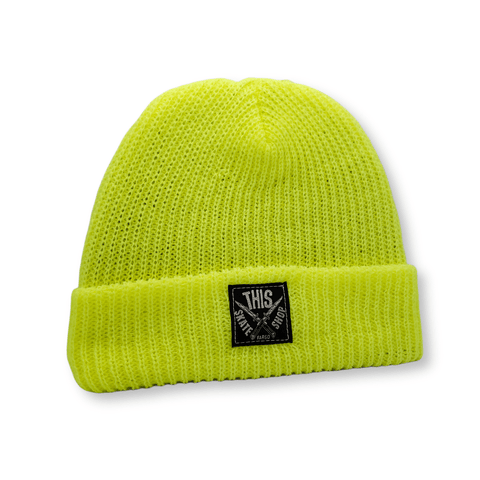 THIS Skateshop | Knit Beanie - Electric Yellow - Black Patch