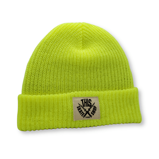 THIS Skateshop | Knit Beanie - Electric Yellow - White Patch